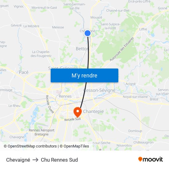 Chevaigné to Chu Rennes Sud map