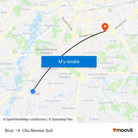 Bruz to Chu Rennes Sud map