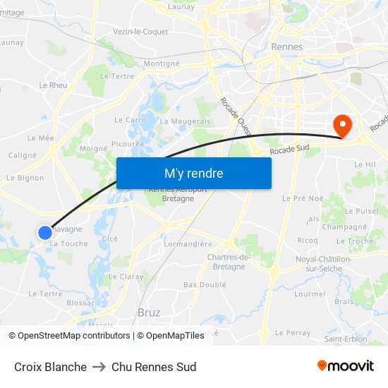 Croix Blanche to Chu Rennes Sud map