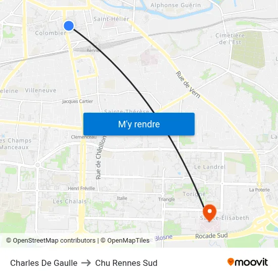 Charles De Gaulle to Chu Rennes Sud map