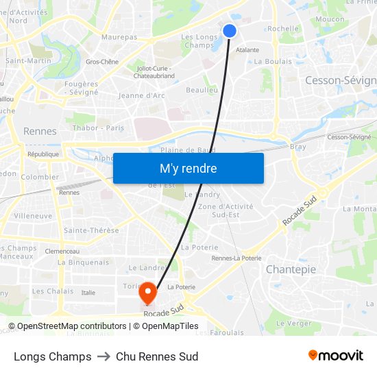 Longs Champs to Chu Rennes Sud map