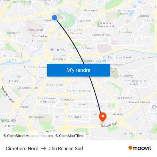 Cimetière Nord to Chu Rennes Sud map
