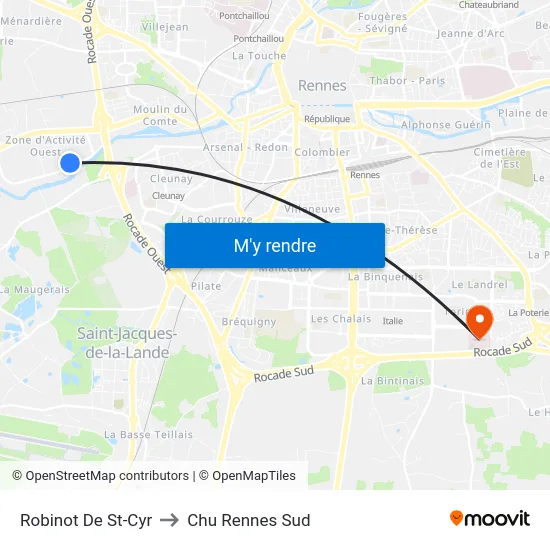 Robinot De St-Cyr to Chu Rennes Sud map