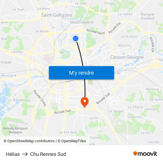 Hélias to Chu Rennes Sud map