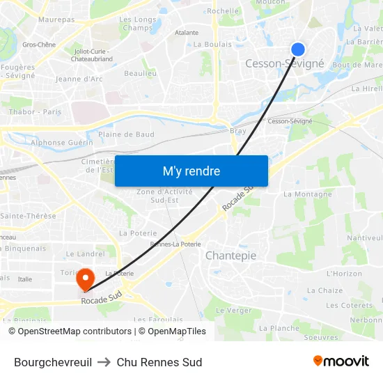 Bourgchevreuil to Chu Rennes Sud map