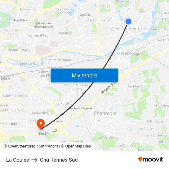 La Coulée to Chu Rennes Sud map