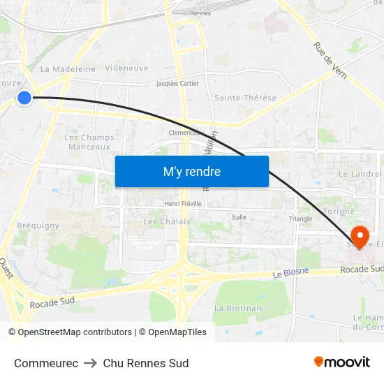 Commeurec to Chu Rennes Sud map