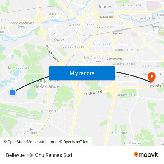 Bellevue to Chu Rennes Sud map