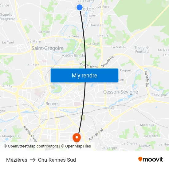 Mézières to Chu Rennes Sud map