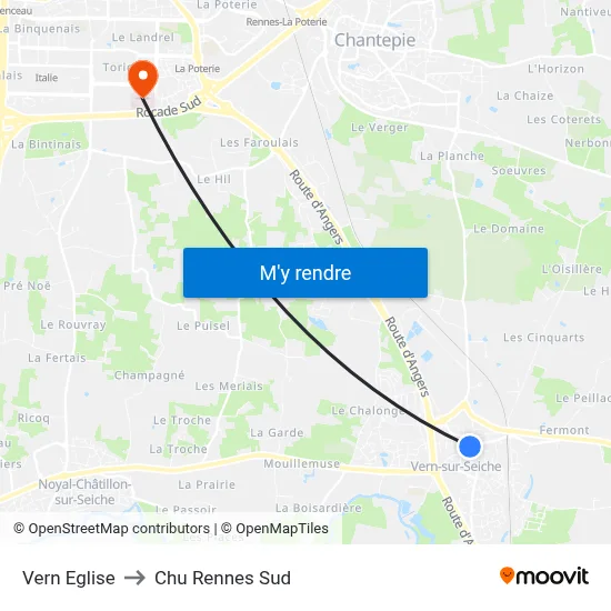 Vern Eglise to Chu Rennes Sud map