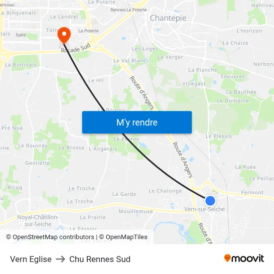 Vern Eglise to Chu Rennes Sud map