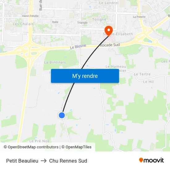 Petit Beaulieu to Chu Rennes Sud map