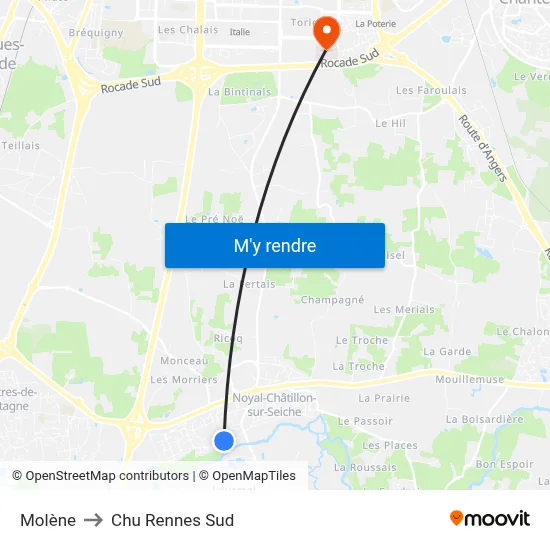 Molène to Chu Rennes Sud map