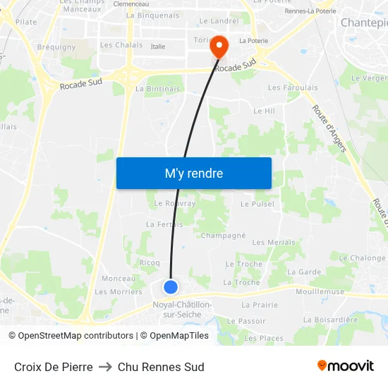 Croix De Pierre to Chu Rennes Sud map