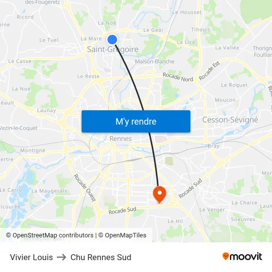Vivier Louis to Chu Rennes Sud map