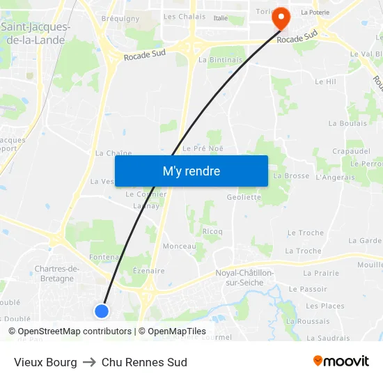 Vieux Bourg to Chu Rennes Sud map