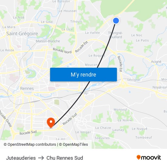 Juteauderies to Chu Rennes Sud map