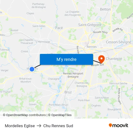 Mordelles Eglise to Chu Rennes Sud map