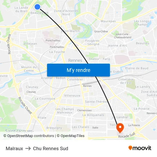 Malraux to Chu Rennes Sud map