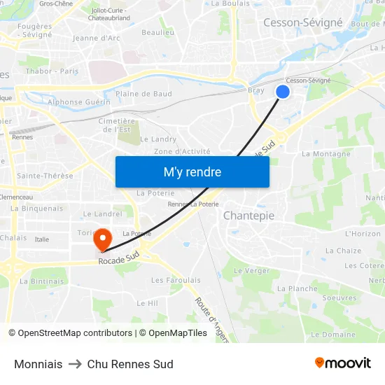 Monniais to Chu Rennes Sud map