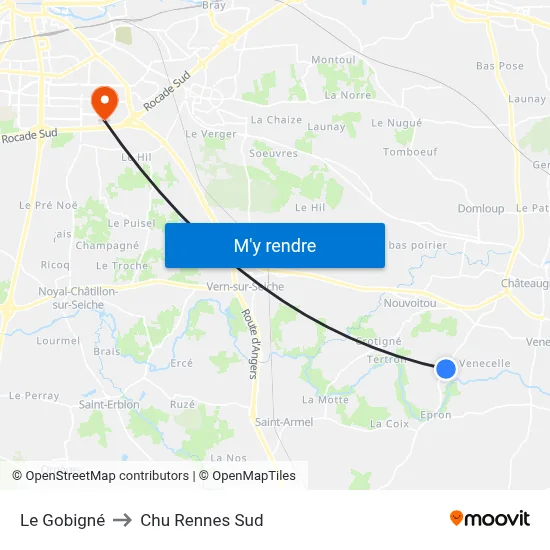 Le Gobigné to Chu Rennes Sud map