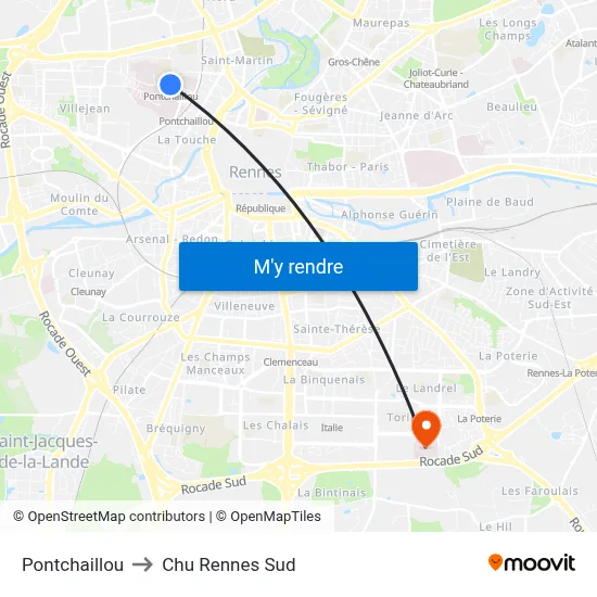 Pontchaillou to Chu Rennes Sud map
