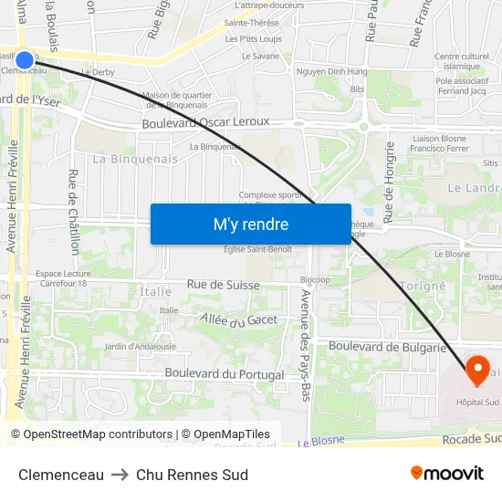 Clemenceau to Chu Rennes Sud map