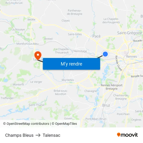 Champs Bleus to Talensac map