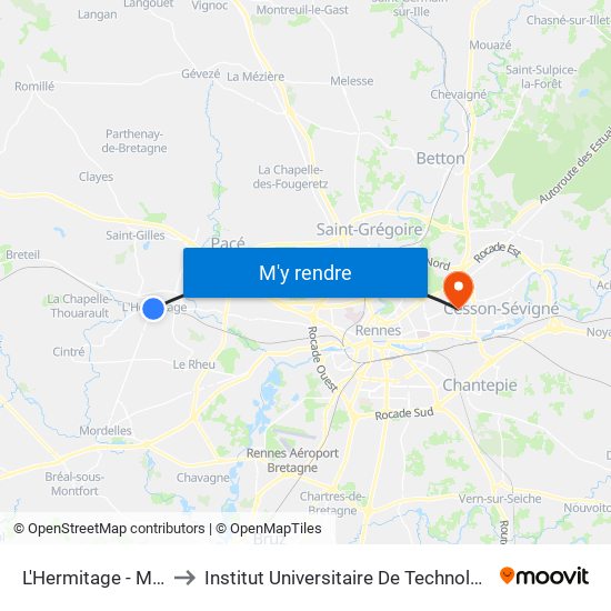 L'Hermitage - Mordelles to Institut Universitaire De Technologie De Rennes map