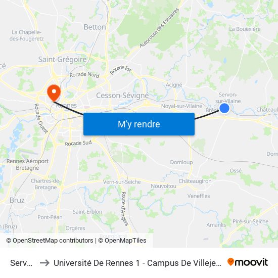 Servon to Université De Rennes 1 - Campus De Villejean map
