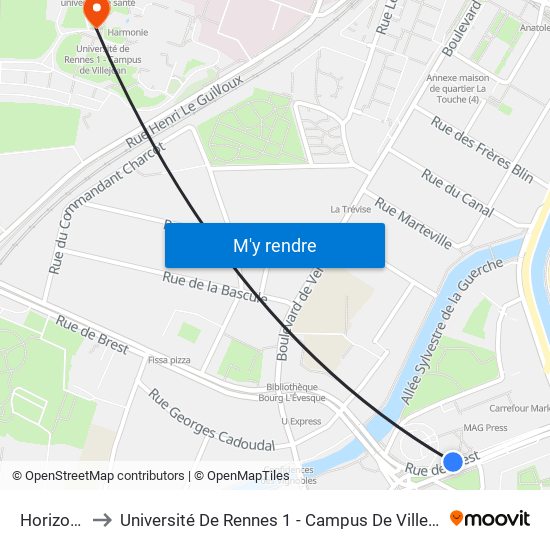 Horizons to Université De Rennes 1 - Campus De Villejean map