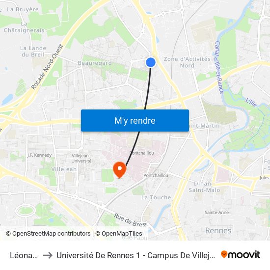 Léonard to Université De Rennes 1 - Campus De Villejean map