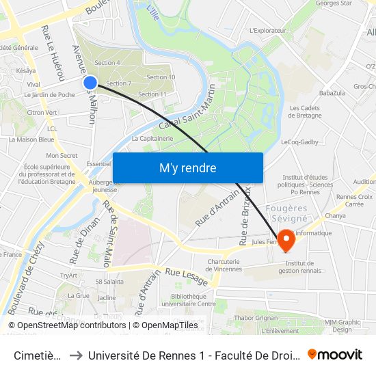 Cimetière Nord to Université De Rennes 1 - Faculté De Droit Et De Science Politique map