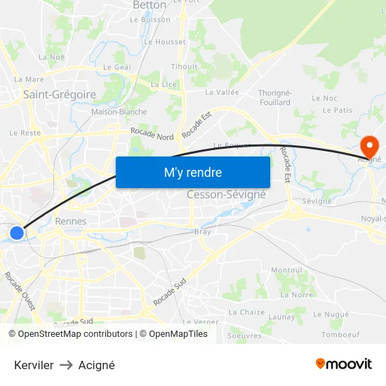 Kerviler to Acigné map
