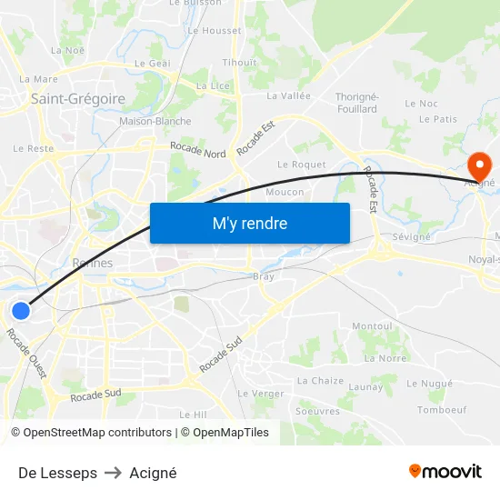 De Lesseps to Acigné map