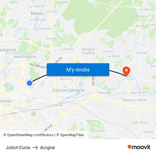 Joliot-Curie to Acigné map