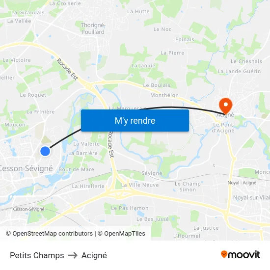 Petits Champs to Acigné map