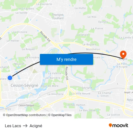 Les Lacs to Acigné map