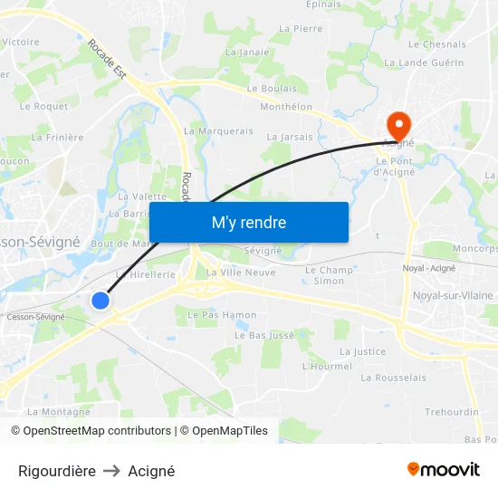 Rigourdière to Acigné map