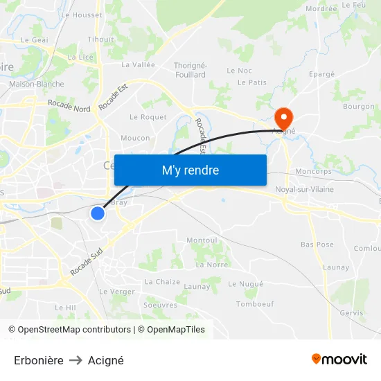 Erbonière to Acigné map