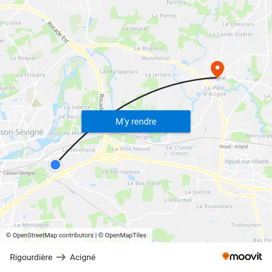 Rigourdière to Acigné map