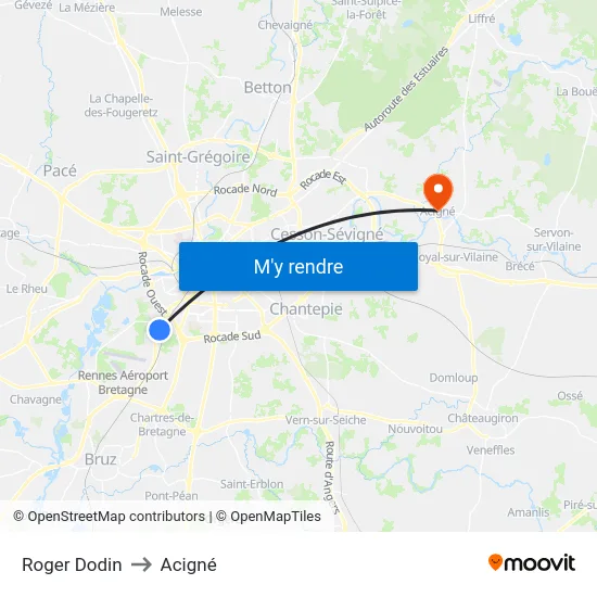 Roger Dodin to Acigné map