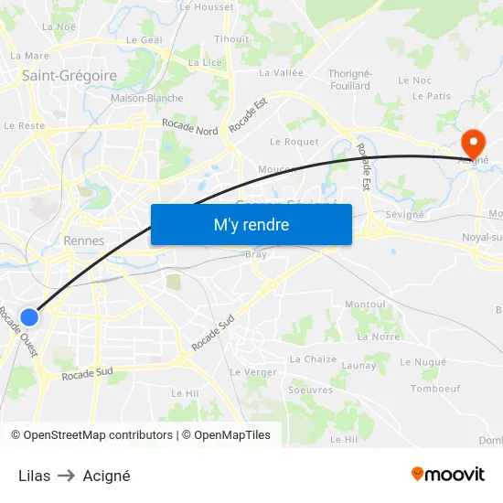 Lilas to Acigné map