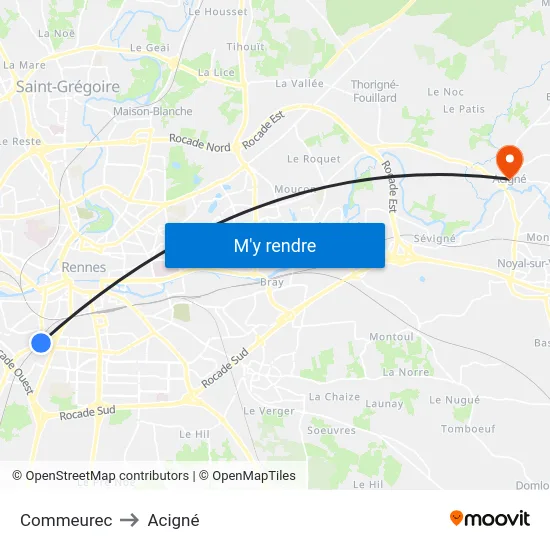 Commeurec to Acigné map