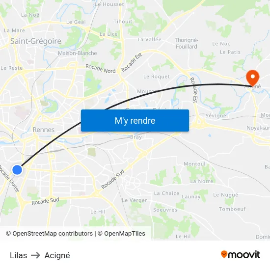 Lilas to Acigné map