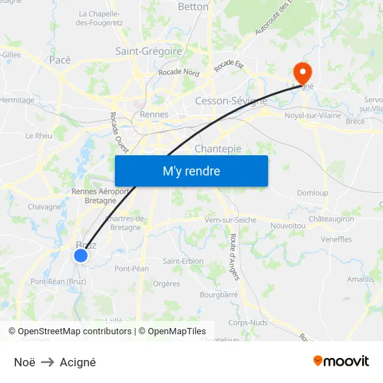 Noë to Acigné map