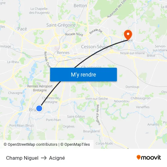 Champ Niguel to Acigné map