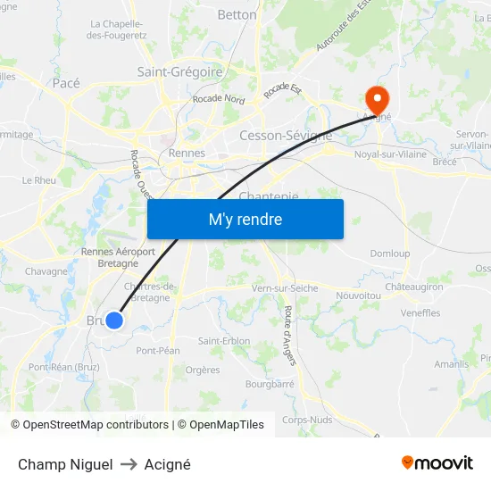 Champ Niguel to Acigné map