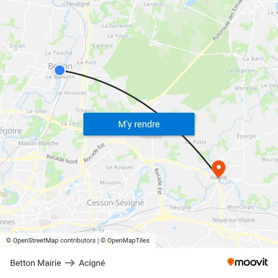 Betton Mairie to Acigné map