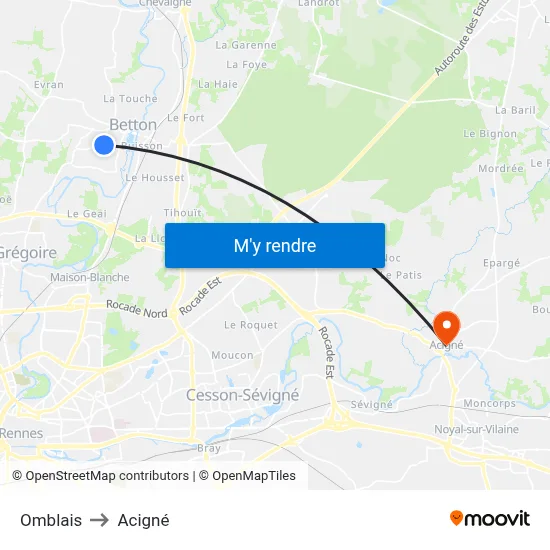 Omblais to Acigné map